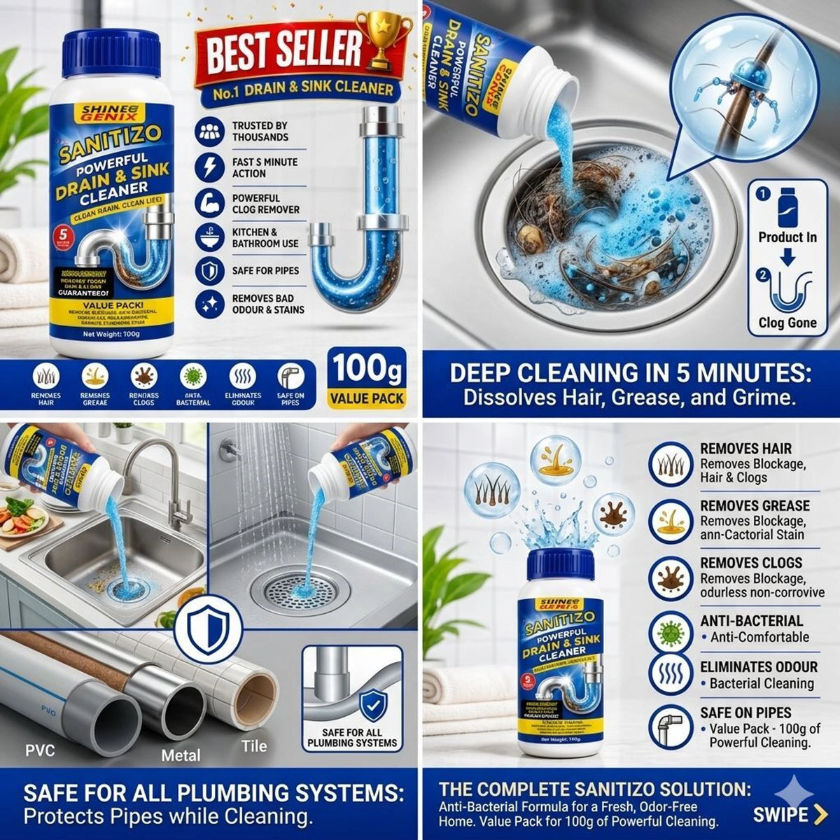 Multipurpose Drain and Sink Cleaner - Pack of 4