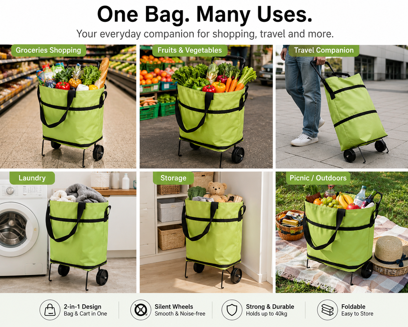 EcoFriendly Foldable Shopping Bag with Wheels ( Pack of 2 )